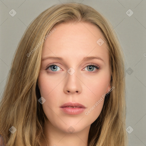 Neutral white young-adult female with long  brown hair and blue eyes