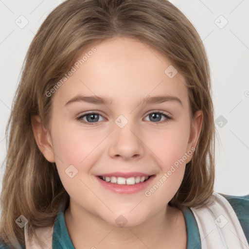 Joyful white child female with medium  brown hair and brown eyes