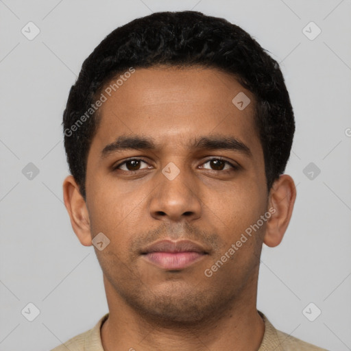 Neutral latino young-adult male with short  black hair and brown eyes