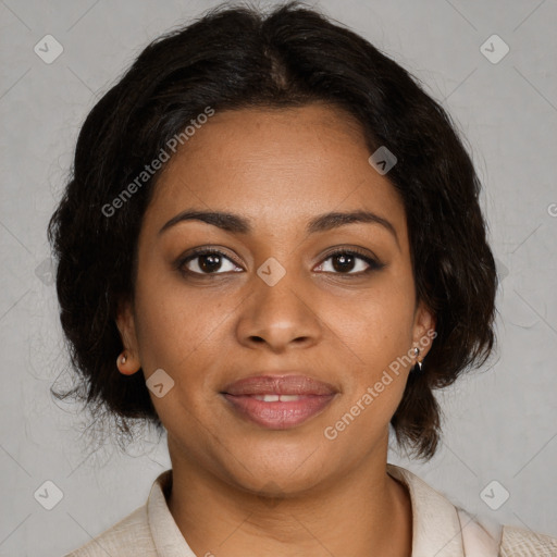 Joyful black young-adult female with medium  brown hair and brown eyes