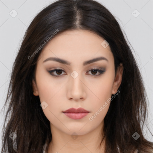 Neutral asian young-adult female with long  brown hair and brown eyes