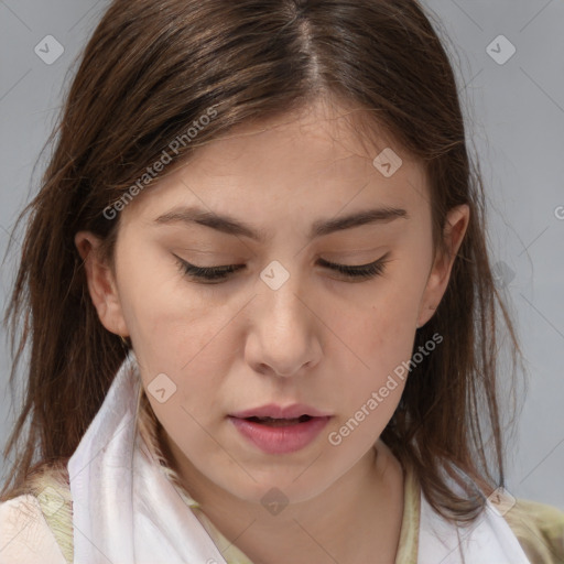 Neutral white young-adult female with medium  brown hair and brown eyes