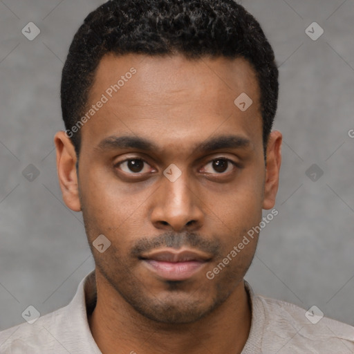 Neutral latino young-adult male with short  black hair and brown eyes