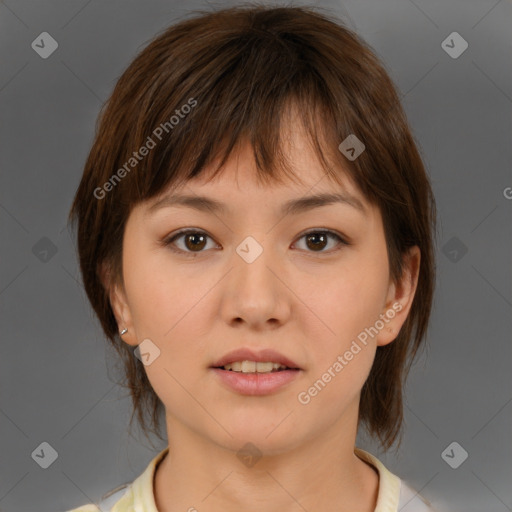 Neutral white young-adult female with medium  brown hair and brown eyes