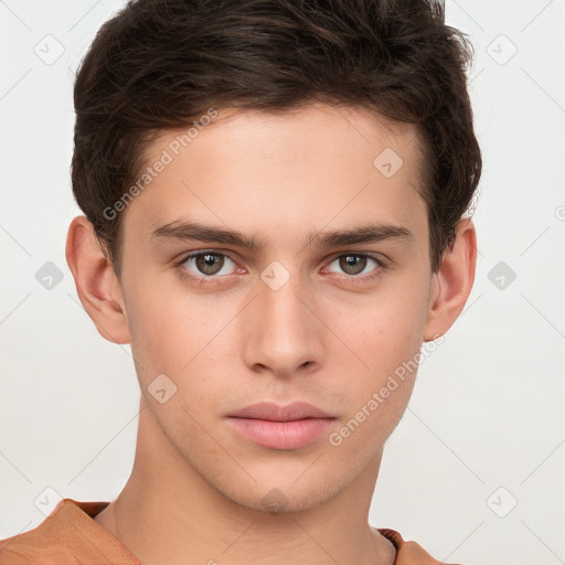 Neutral white young-adult male with short  brown hair and brown eyes