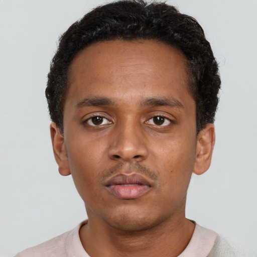 Neutral black young-adult male with short  black hair and brown eyes