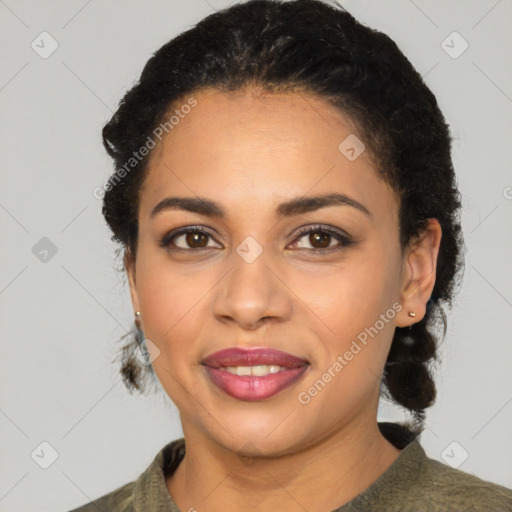 Joyful latino young-adult female with short  brown hair and brown eyes