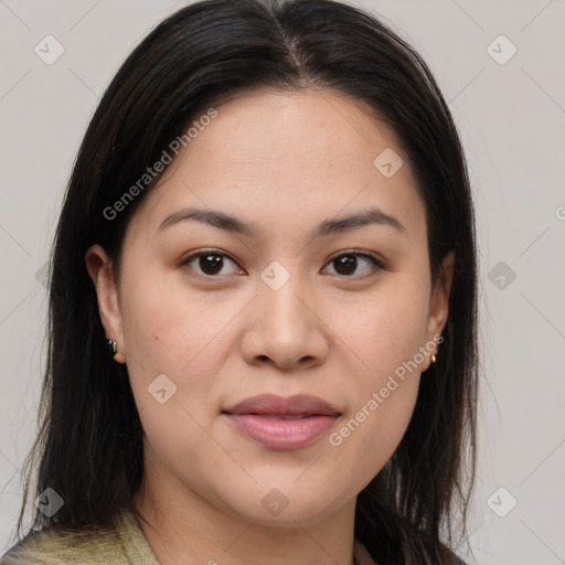 Joyful white young-adult female with long  brown hair and brown eyes