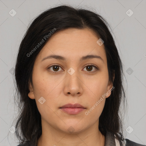 Neutral asian young-adult female with long  brown hair and brown eyes