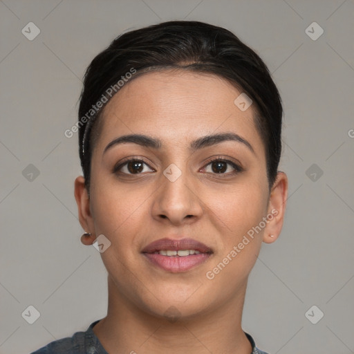 Joyful white young-adult female with short  brown hair and brown eyes