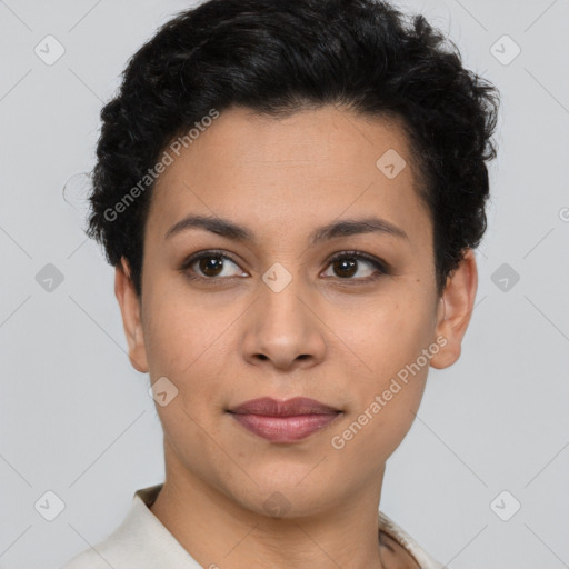 Joyful latino young-adult female with short  brown hair and brown eyes