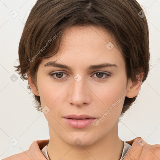 Neutral white young-adult female with short  brown hair and brown eyes