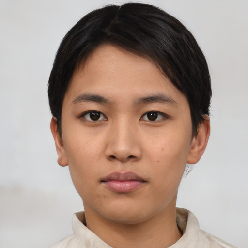 Neutral asian young-adult male with short  black hair and brown eyes