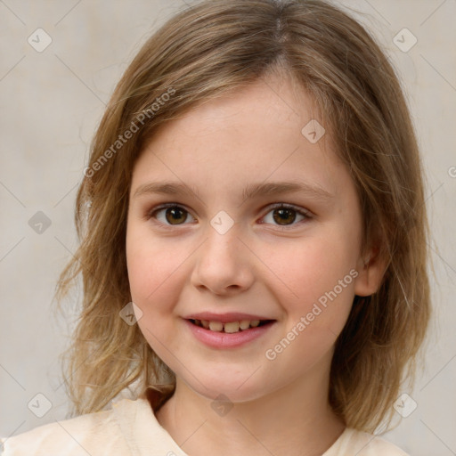 Joyful white child female with medium  brown hair and brown eyes