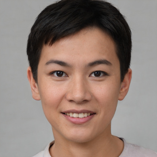 Joyful asian young-adult male with short  brown hair and brown eyes