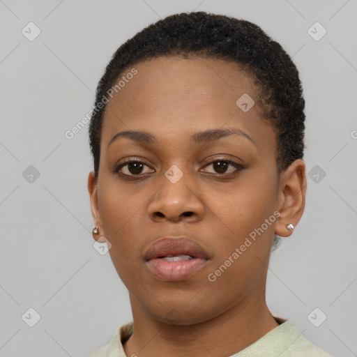 Neutral black young-adult female with short  brown hair and brown eyes