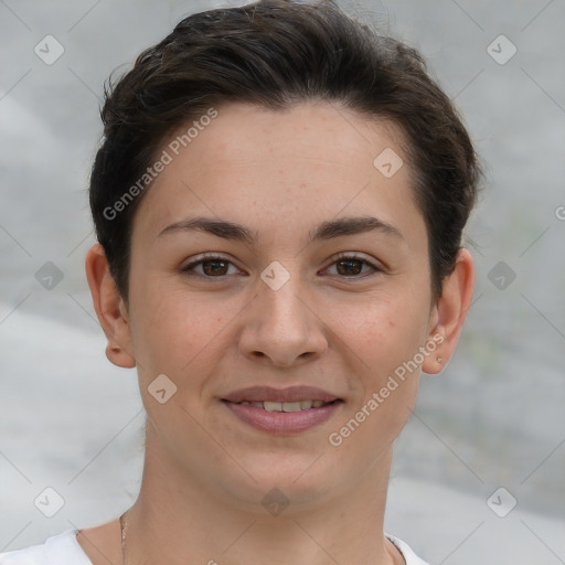 Joyful white young-adult female with short  brown hair and brown eyes