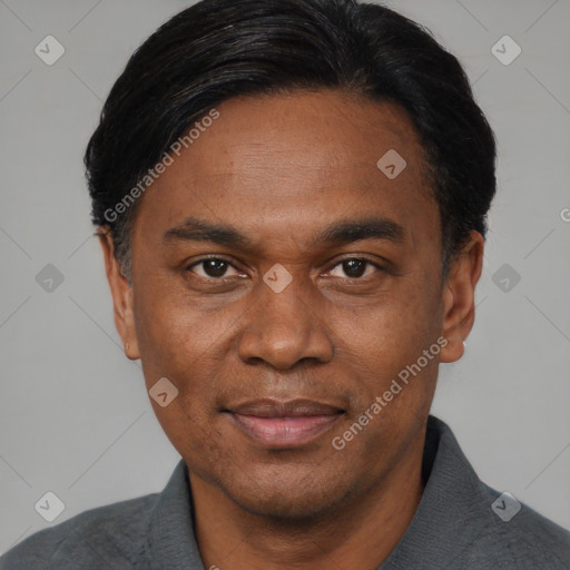 Joyful asian adult male with short  black hair and brown eyes