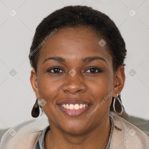 Joyful black young-adult female with short  brown hair and brown eyes