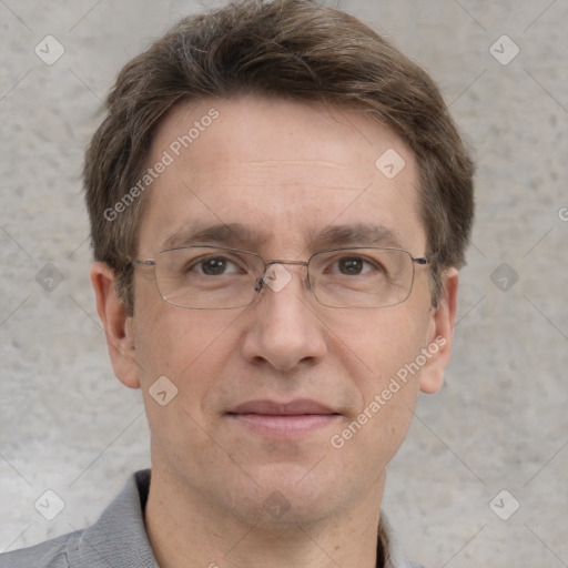 Joyful white adult male with short  brown hair and grey eyes