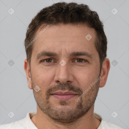 Neutral white adult male with short  brown hair and brown eyes