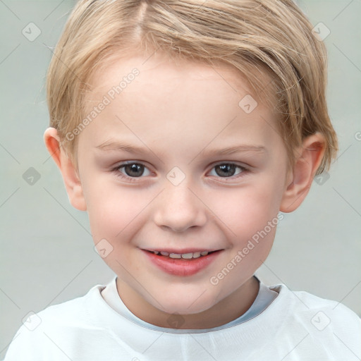 Joyful white child female with short  brown hair and brown eyes