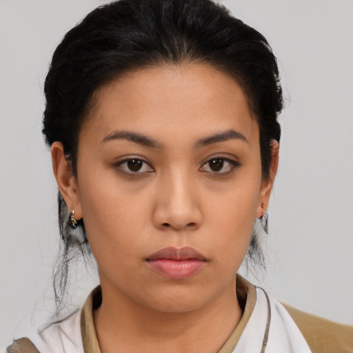 Neutral asian young-adult female with medium  black hair and brown eyes