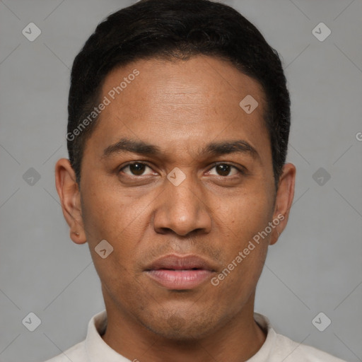 Joyful black adult male with short  black hair and brown eyes