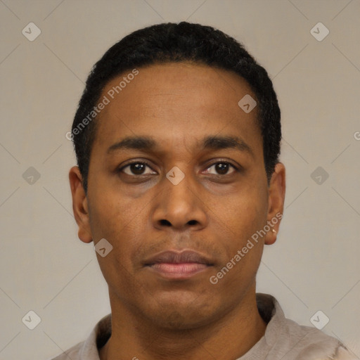 Neutral latino young-adult male with short  black hair and brown eyes