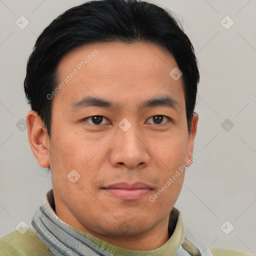 Neutral asian young-adult male with short  black hair and brown eyes