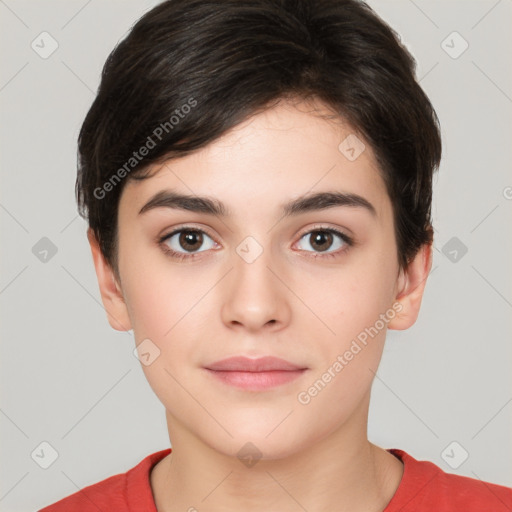 Neutral white young-adult female with short  brown hair and brown eyes