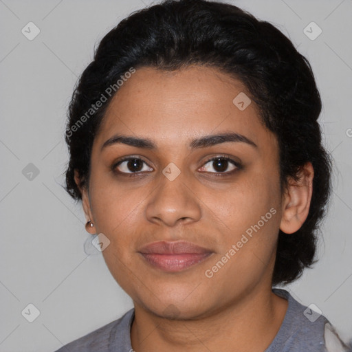 Joyful latino young-adult female with medium  black hair and brown eyes