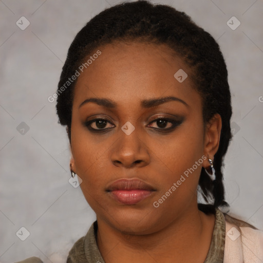 Neutral black young-adult female with short  black hair and brown eyes