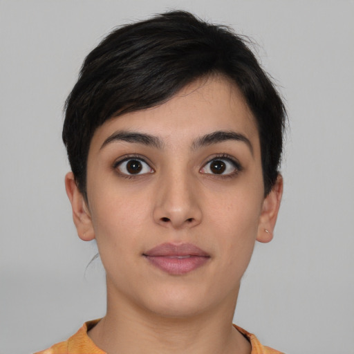 Neutral asian young-adult female with short  brown hair and brown eyes