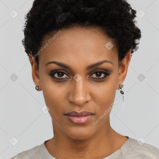 Neutral black young-adult female with short  black hair and brown eyes