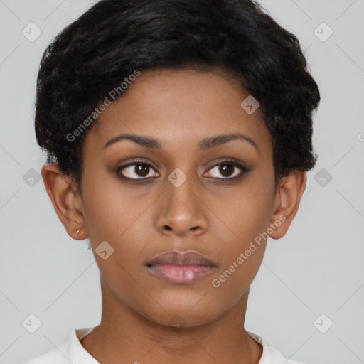 Neutral black young-adult female with short  brown hair and brown eyes