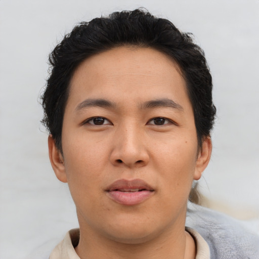 Neutral asian young-adult male with short  brown hair and brown eyes