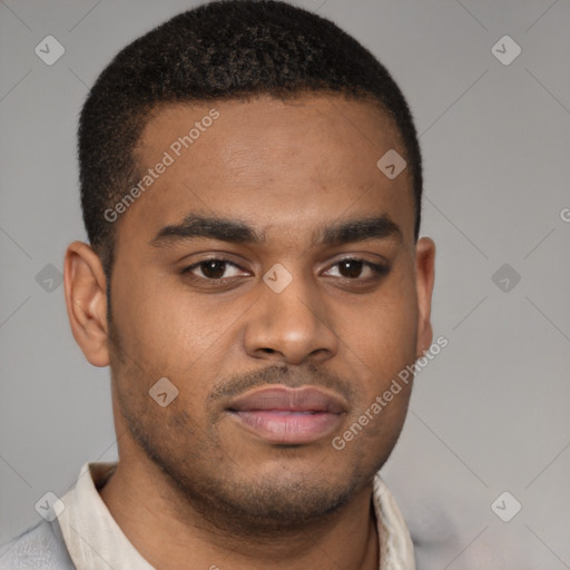 Joyful latino young-adult male with short  brown hair and brown eyes