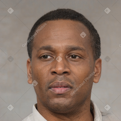 Neutral latino adult male with short  black hair and brown eyes