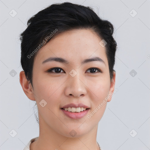 Joyful asian young-adult female with short  black hair and brown eyes