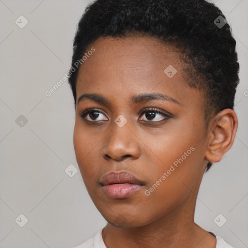 Neutral black young-adult female with short  black hair and brown eyes