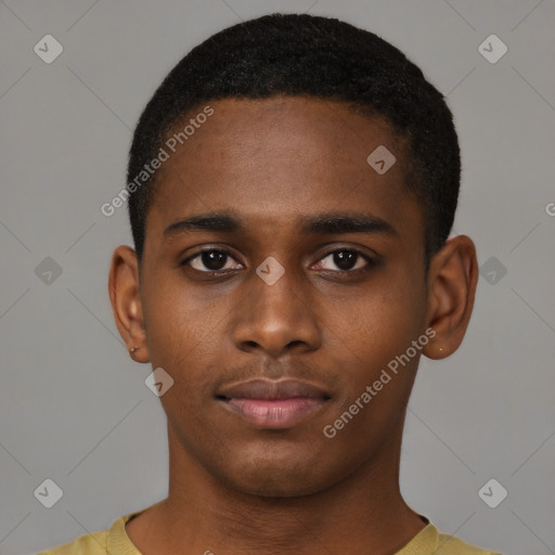 Neutral latino young-adult male with short  black hair and brown eyes