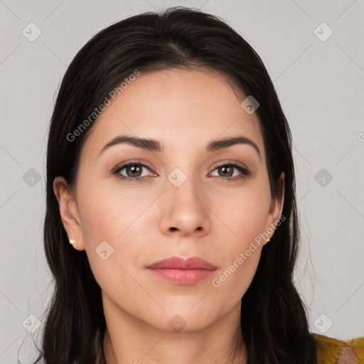 Neutral white young-adult female with long  brown hair and brown eyes