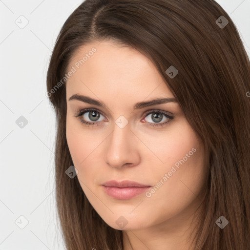 Neutral white young-adult female with long  brown hair and brown eyes