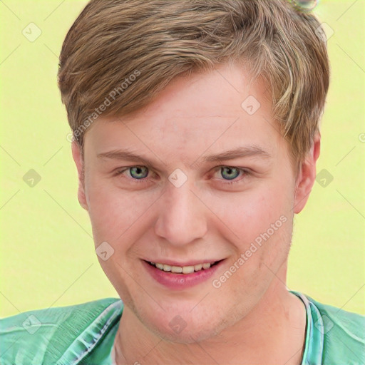 Joyful white young-adult female with short  brown hair and blue eyes