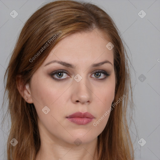 Neutral white young-adult female with long  brown hair and brown eyes