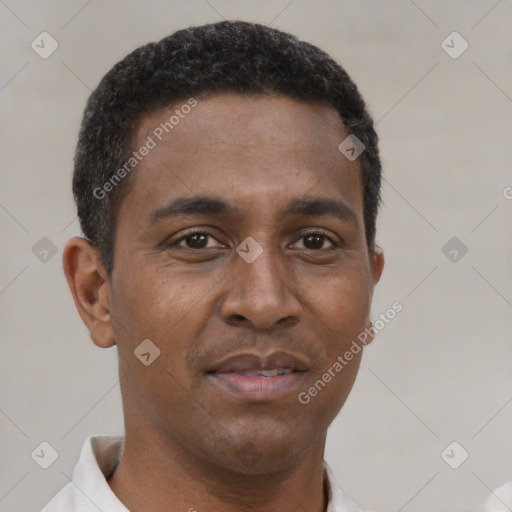 Neutral black young-adult male with short  brown hair and brown eyes
