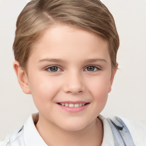 Joyful white child female with short  brown hair and brown eyes