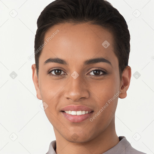 Joyful white young-adult female with short  brown hair and brown eyes