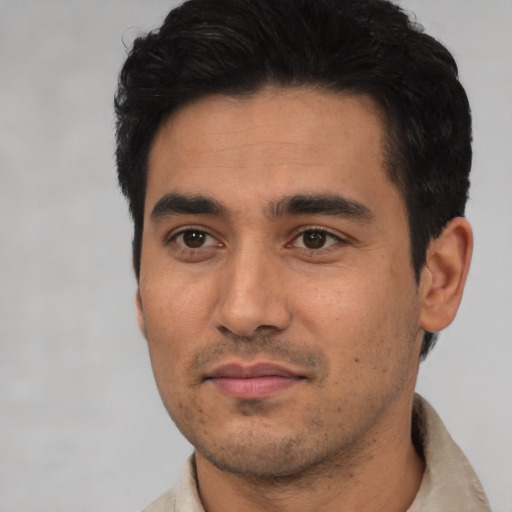 Neutral latino young-adult male with short  black hair and brown eyes